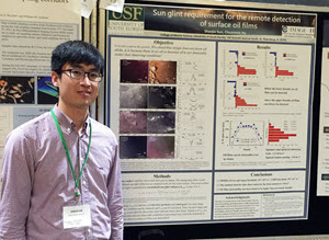  Shaojie presents his research on sun glint requirements for oil film detection at the 2016 Gulf of Mexico Oil Spill & Ecosystem Conference in Tampa, Florida. (Photo by Chuanmin Hu)