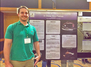Max presents his research on deep-sea fish genetic diversity at the 2016 Gulf of Mexico Oil Spill and Ecosystem Science Conference in Tampa, Florida. (Provided by Max Weber)
